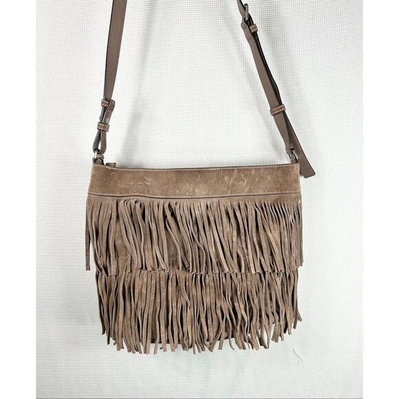 Michael Kors Billy Fringe Boho Crossbody Bag Taupe Suede Studded Western Style - Picture 13 of 16